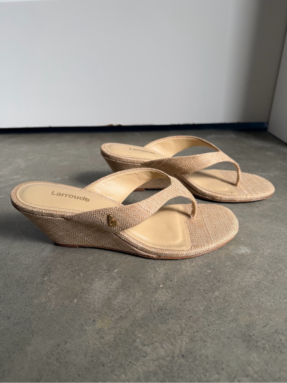 Larroude Natural Beige Wedge Thong Sandals